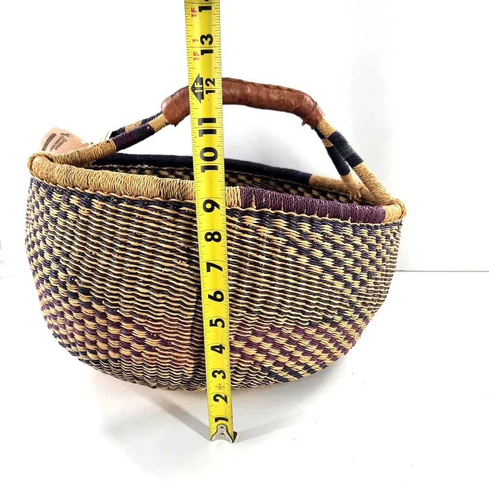 Large‎ Hand Woven Natural African Market Basket Leather Handle 16” Reshapeable